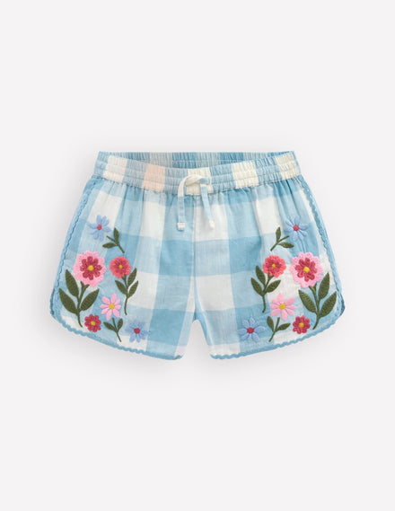 Pull-on Woven Shorts-Blue Gingham Embroidery