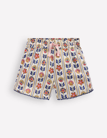 Pull-on Holiday Shorts-Ivory Floral Stripe