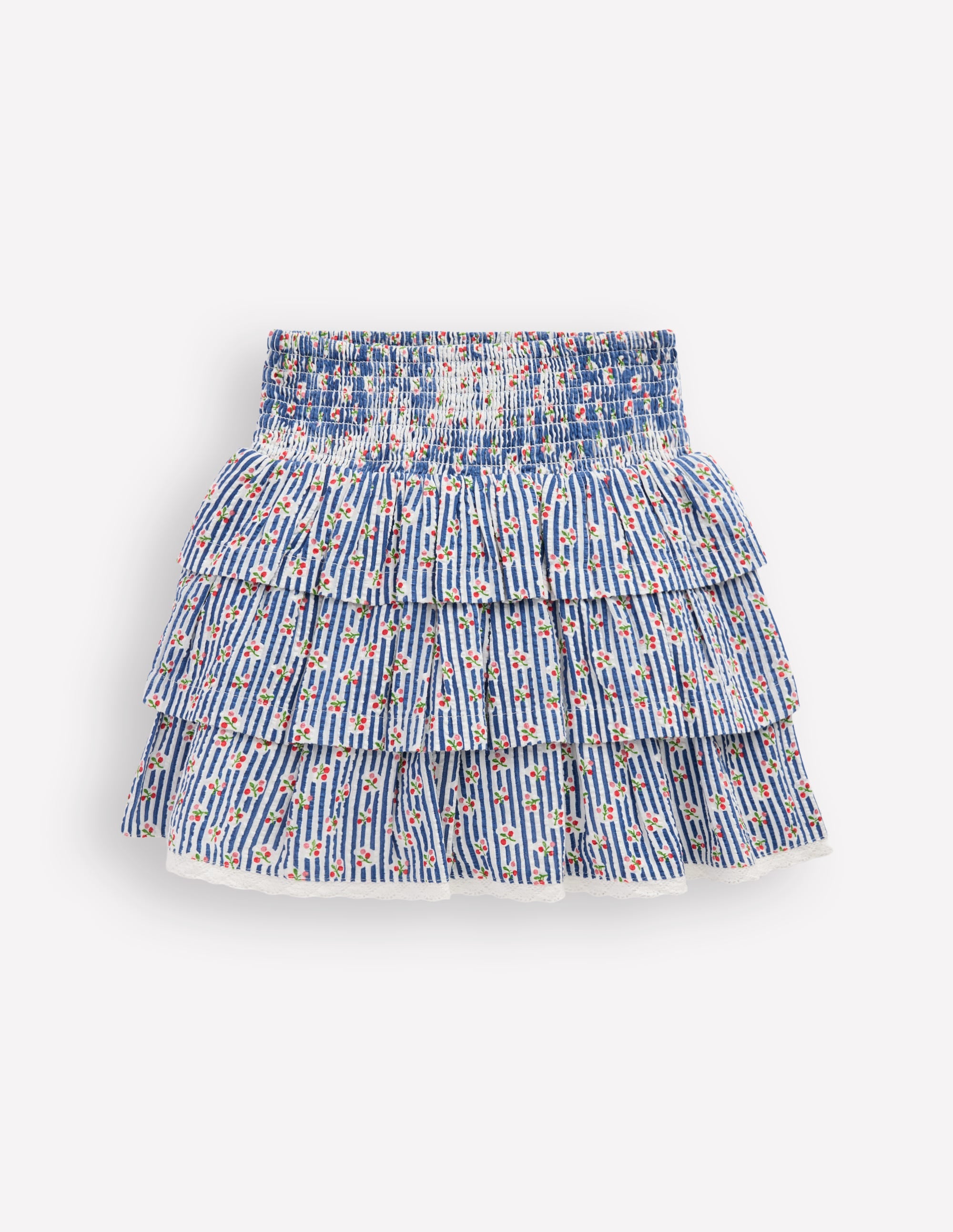 Smocked Waist Ruffle Skirt-Bluejay Cherry Stripe - Image 3