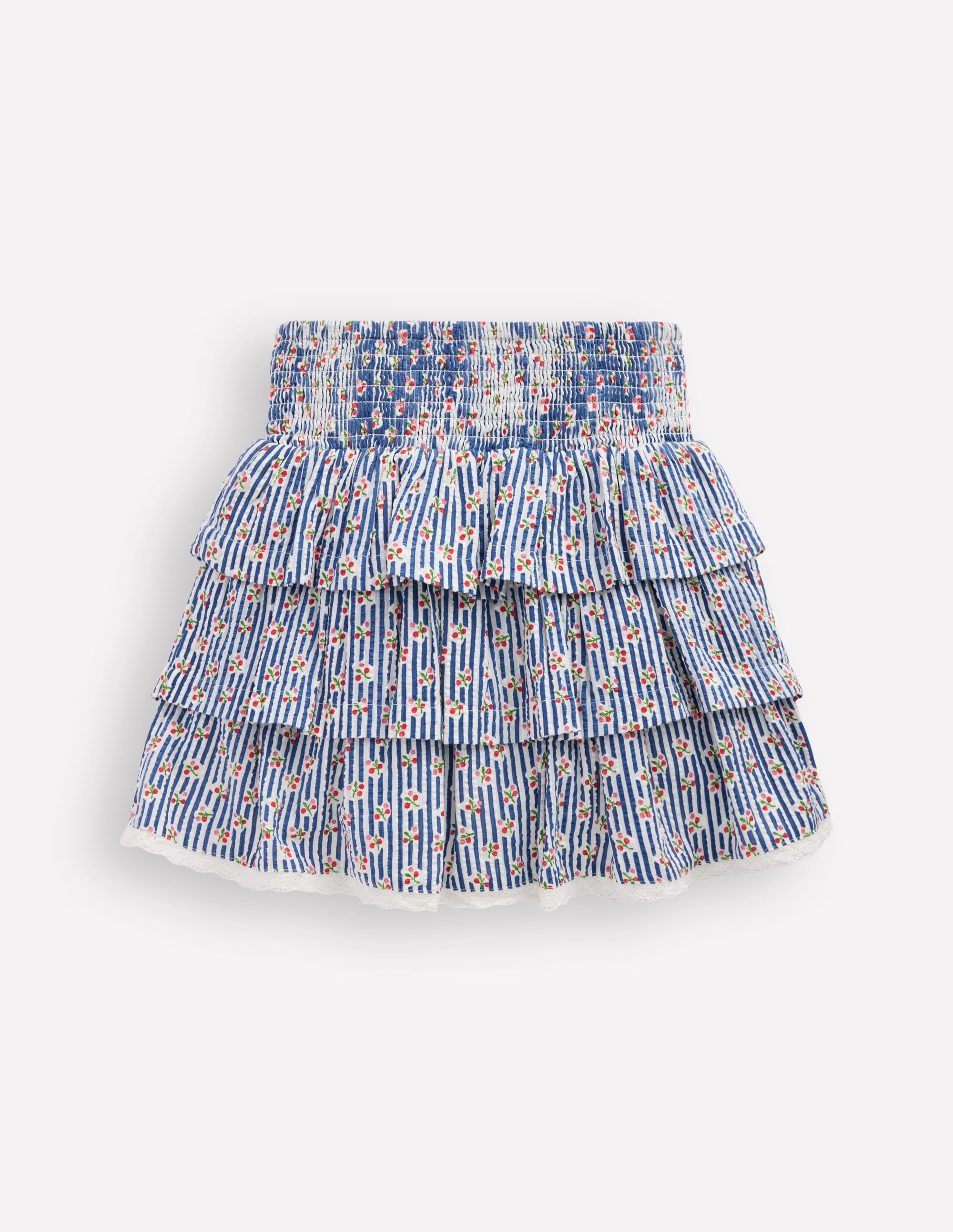Smocked Waist Ruffle Skirt-Bluejay Cherry Stripe - Image 4