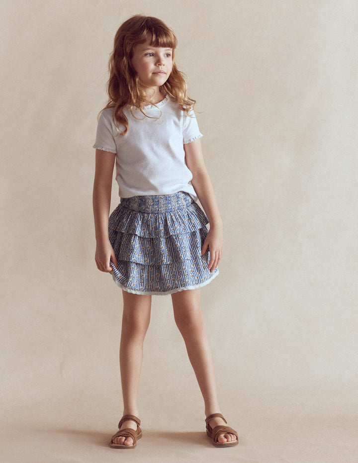 Smocked Waist Ruffle Skirt-Bluejay Cherry Stripe