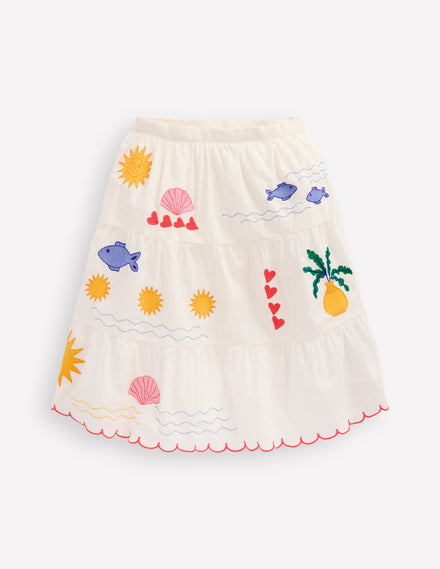 Midi Tiered Skirt-Ivory Embroidered