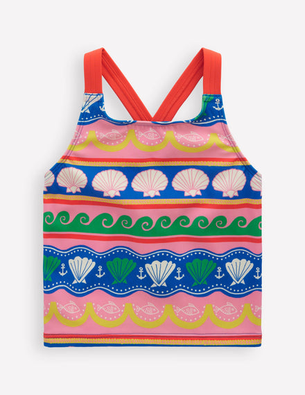 Cross-Back Tankini Top-Multi Sea Shell Stripe