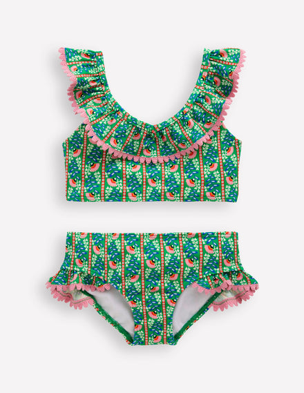 Frill V-neck Bikini Set-Bright green Floral Vine
