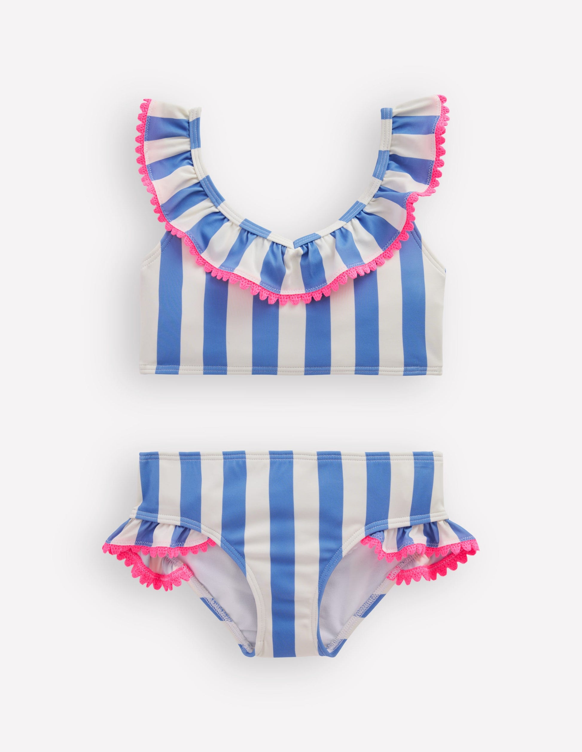 Frill V-neck Bikini Set-Denim Blue Stripe-1