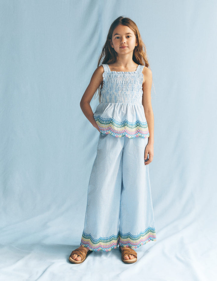 Scallop Hem Trousers-Blue Ticking Rainbow