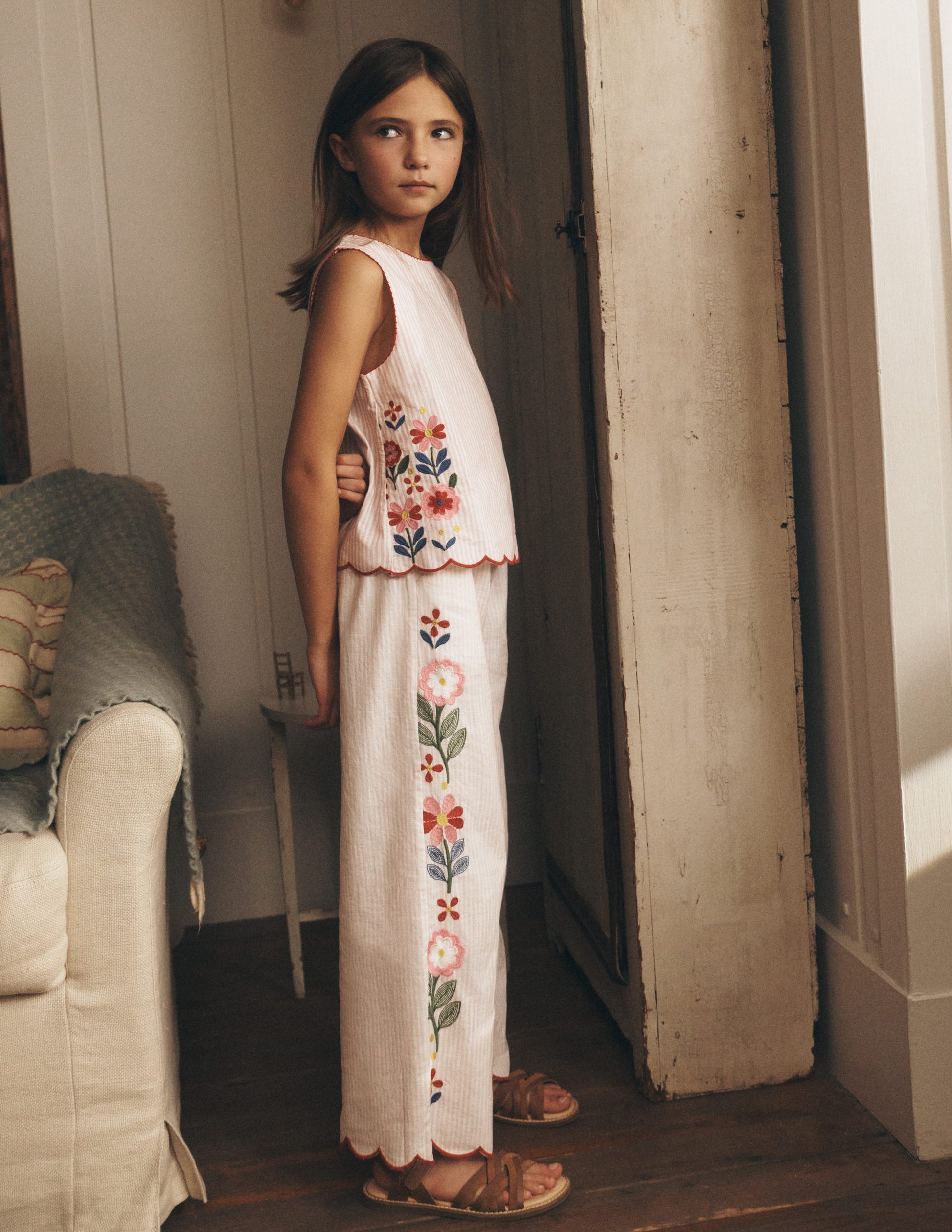 Scallop Hem Trousers-Chalk Pink/ Ivory Floral-1