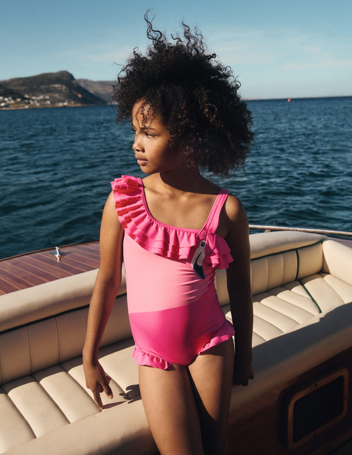 One Shoulder Appliqué Swimsuit-Sorbet Pink Flamingo
