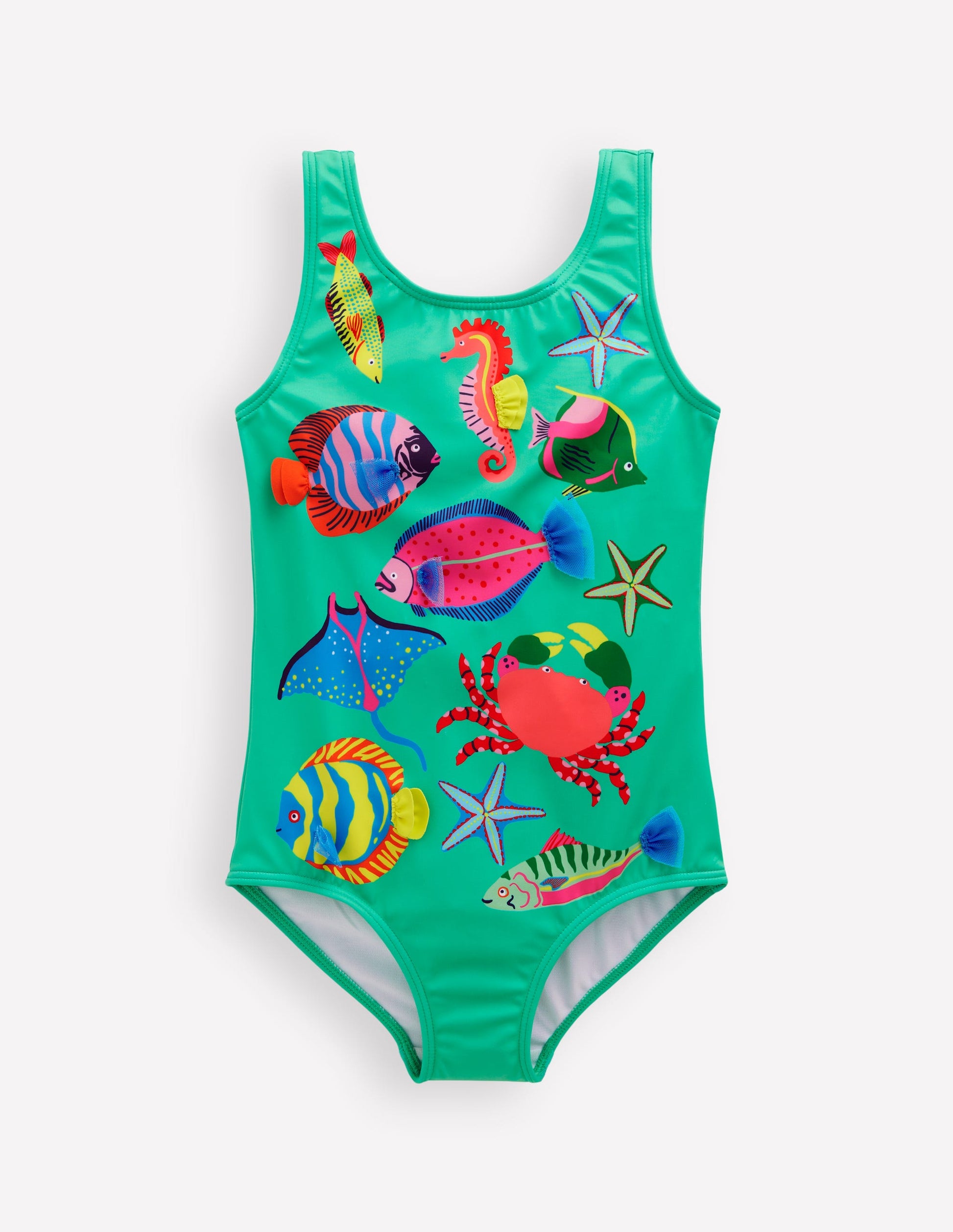 Scoop Back Appliqué Swimsuit-Aquamarine Blue Fish-1