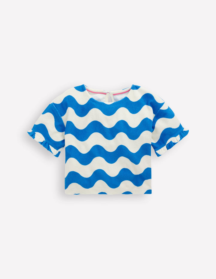 Dropped Shoulder Towelling Top-Blue Wave Stripe