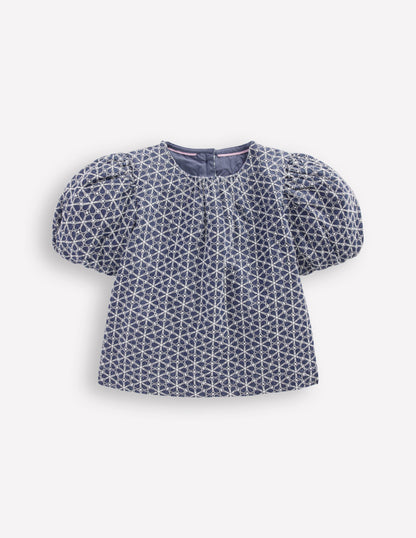 Puff Sleeve Woven Top-Chambray Broderie-2