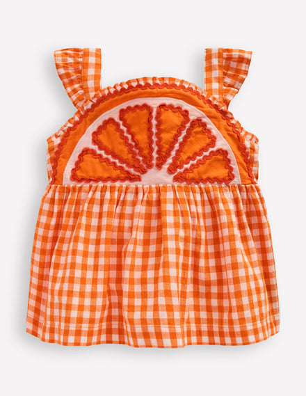 Novelty Strappy Top-Orange and Ivory Gingham