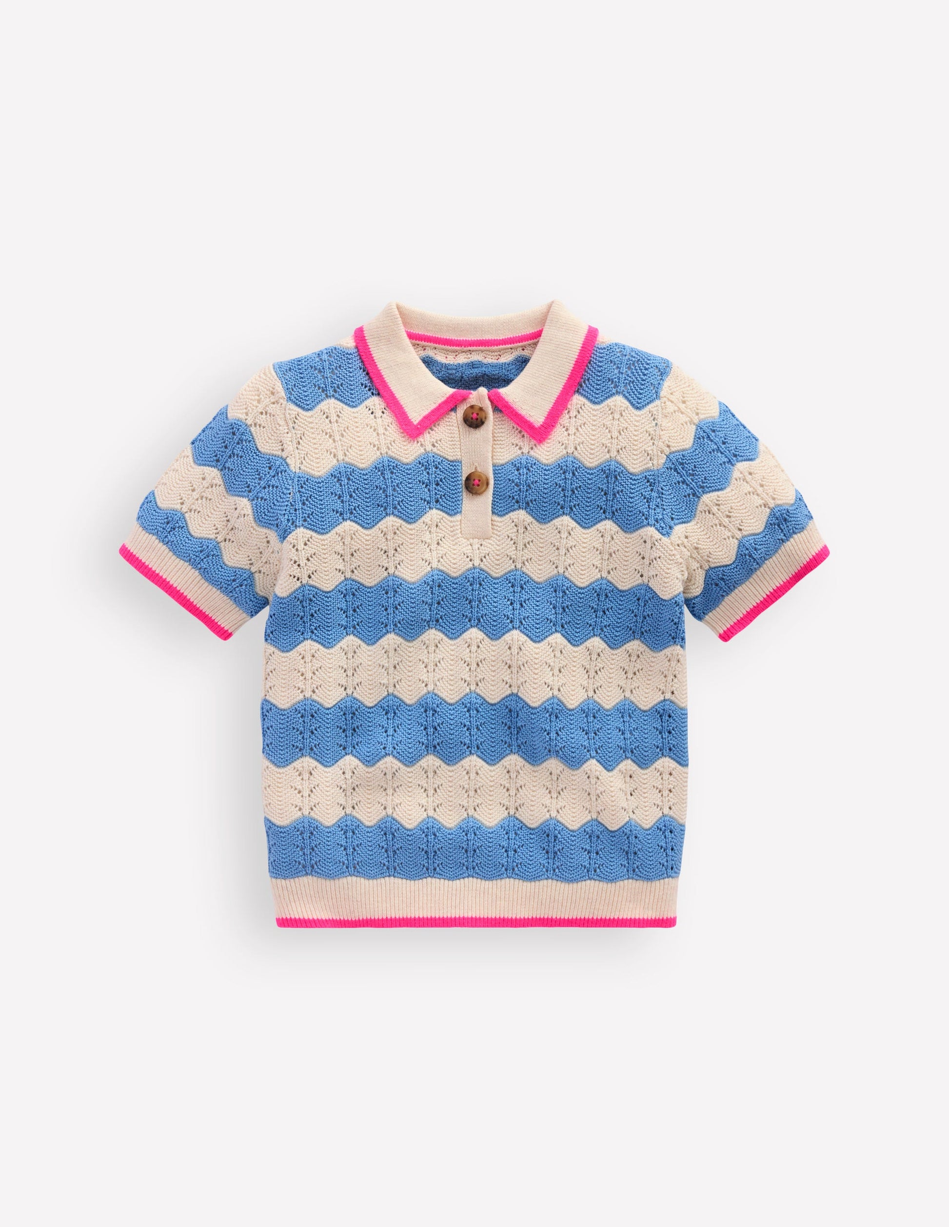 Pointelle Knitted Polo Top-Wave Blue-1