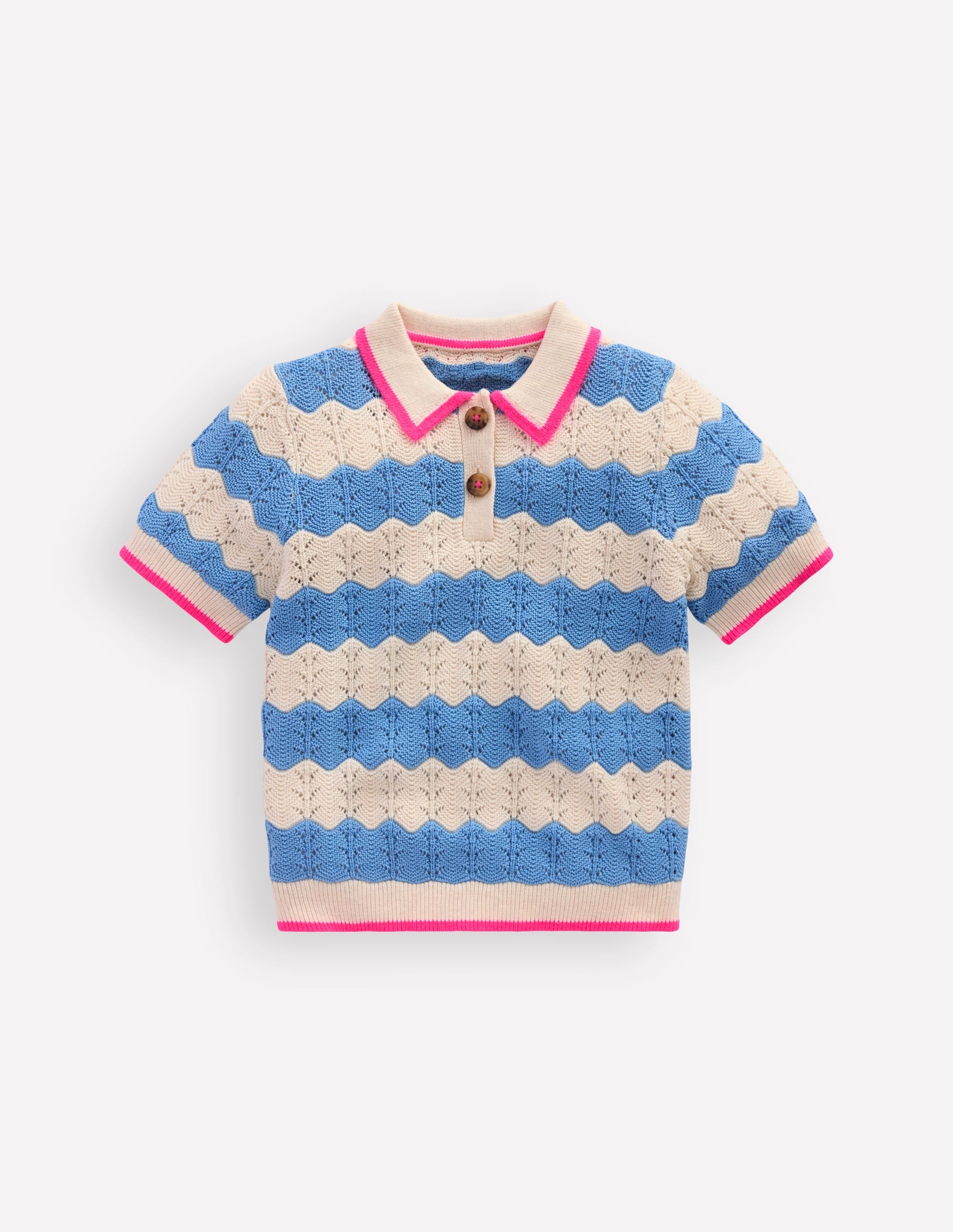 Pointelle Knitted Polo Top-Wave Blue - Image 1