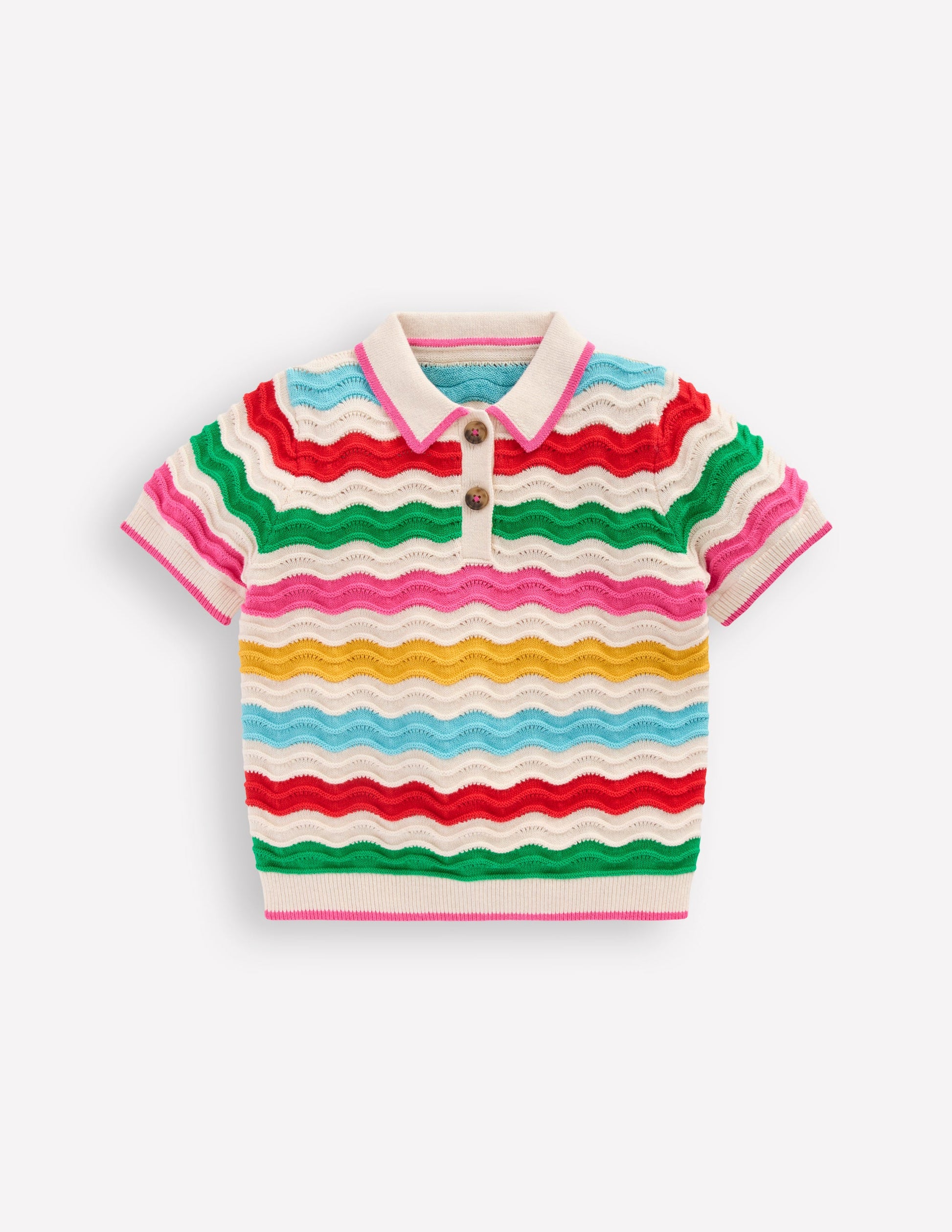 Pointelle Knitted Polo Top-Ecru Marl Multi Wave-2