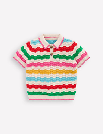 Pointelle Knitted Polo Top-Ecru Marl Multi Wave