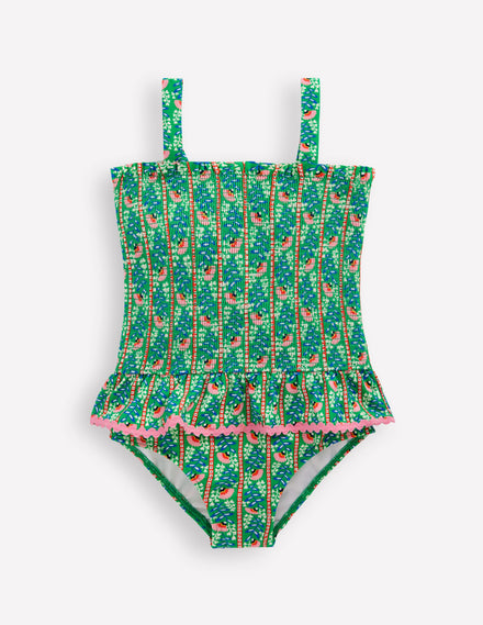 Peplum Smocked Swimsuit-Green Vine Floral