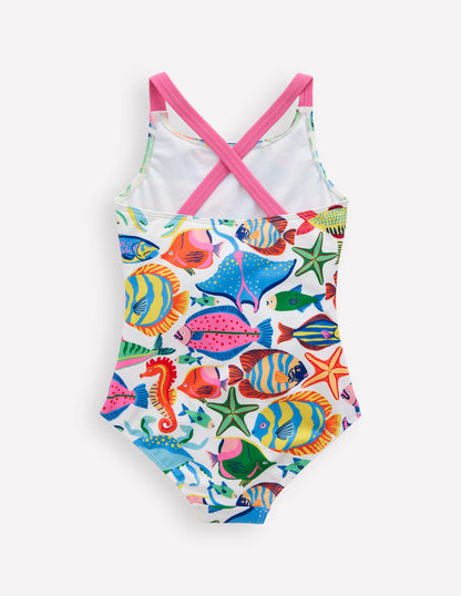 Cross-Back Printed Swimsuit-Multi Fishes-2
