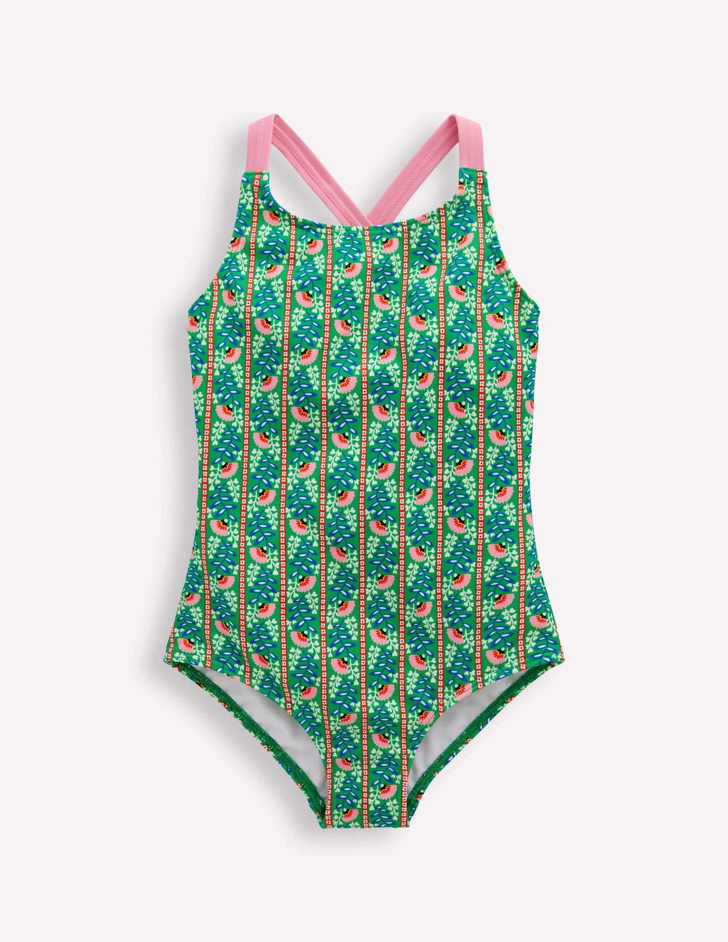 Cross-Back Printed Swimsuit-Green Floral Vine