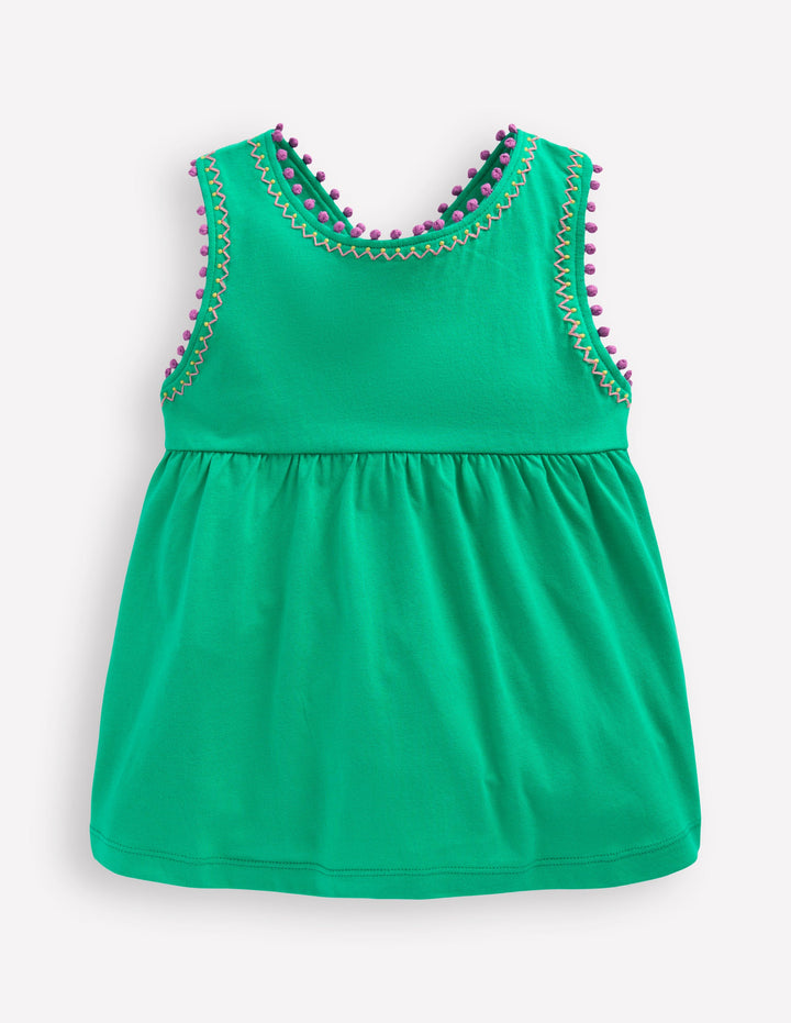 Cross-Back Pom Trim Top-Aquamarine Blue