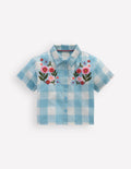 Short Sleeve Relaxed Shirt-Blue Gingham Embroidery