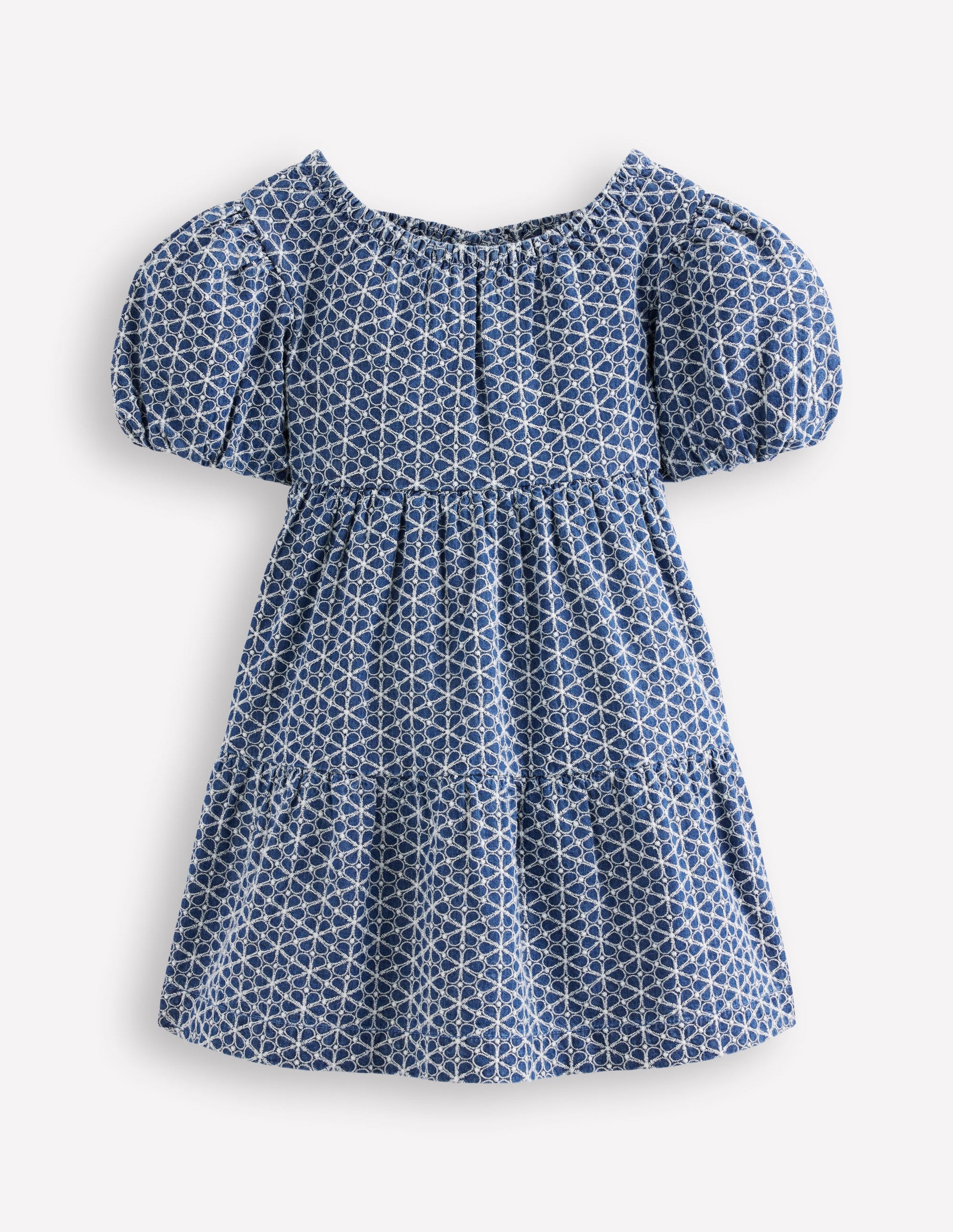 Puff Sleeve Cross Back Dress-Chambray Broderie-2