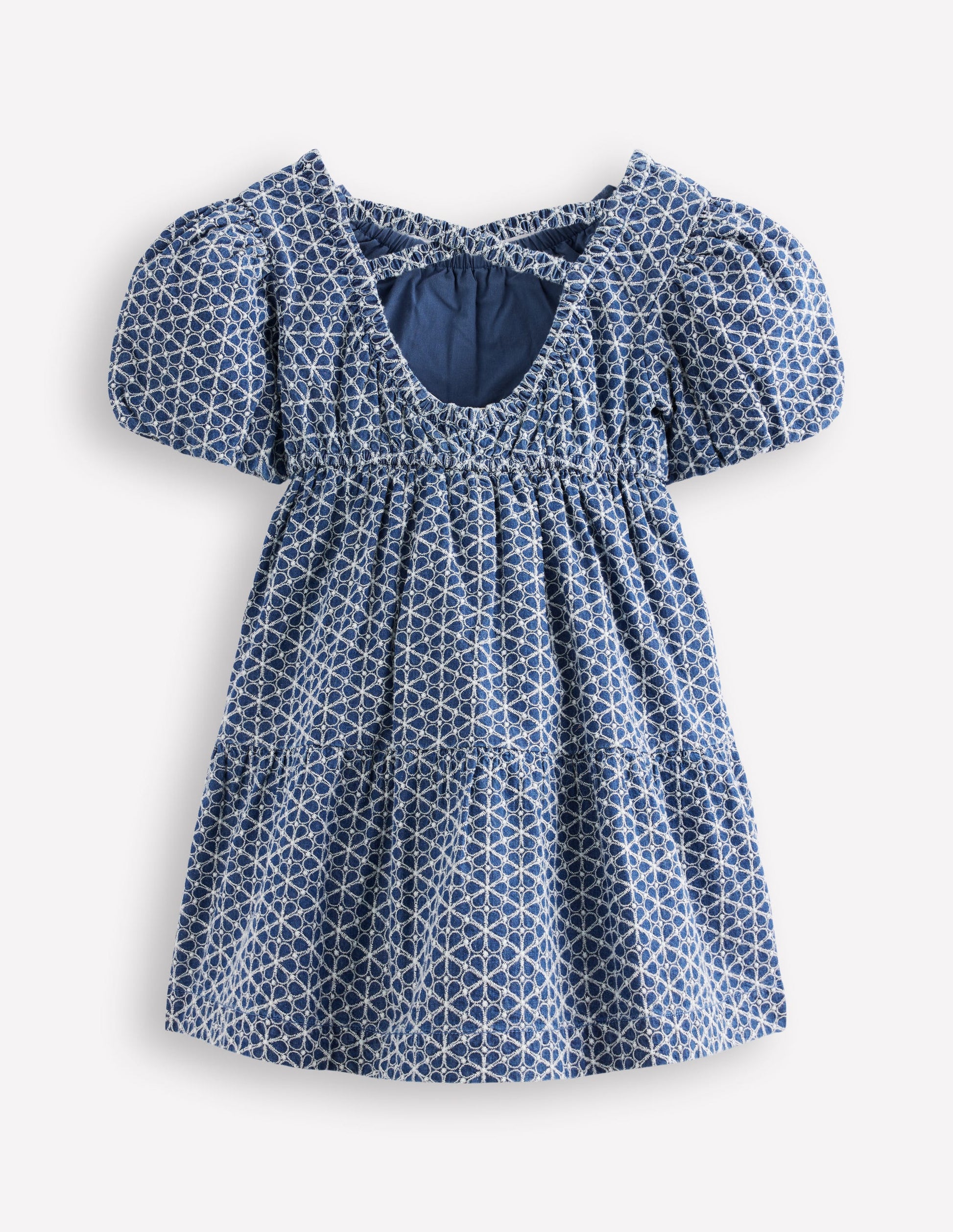 Puff Sleeve Cross Back Dress-Chambray Broderie-3