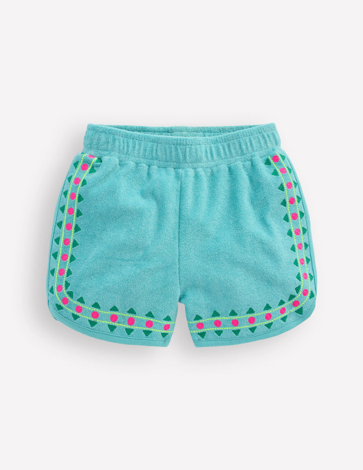 Towelling Embroidered Shorts-Blue Embroidery
