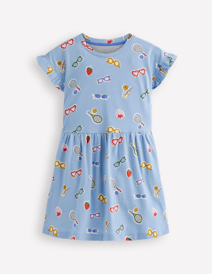Jersey T-Shirt Dress-Glacier Blue Holiday Print
