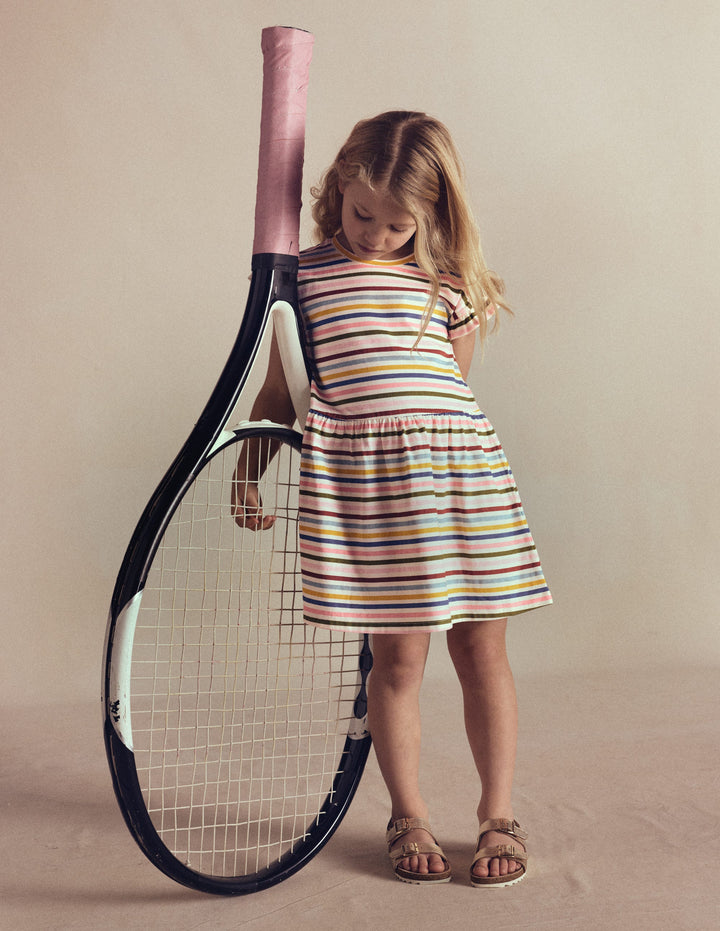 Jersey T-Shirt Dress-Maroon, Pink and Blue Stripe