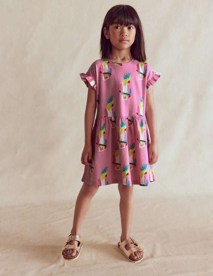 Jersey T-Shirt Dress-Flamingo Pink Tropical Bird
