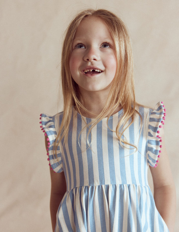 Bow Back Jersey Dress-Salt Blue/ Ivory Stripe