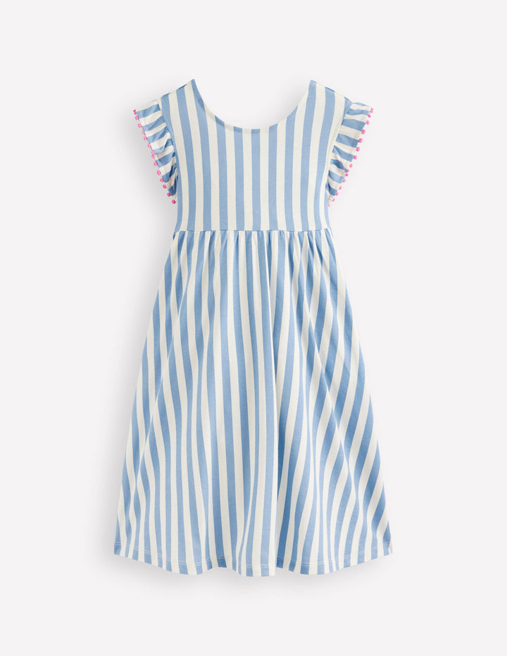Bow Back Jersey Dress-Salt Blue/ Ivory Stripe