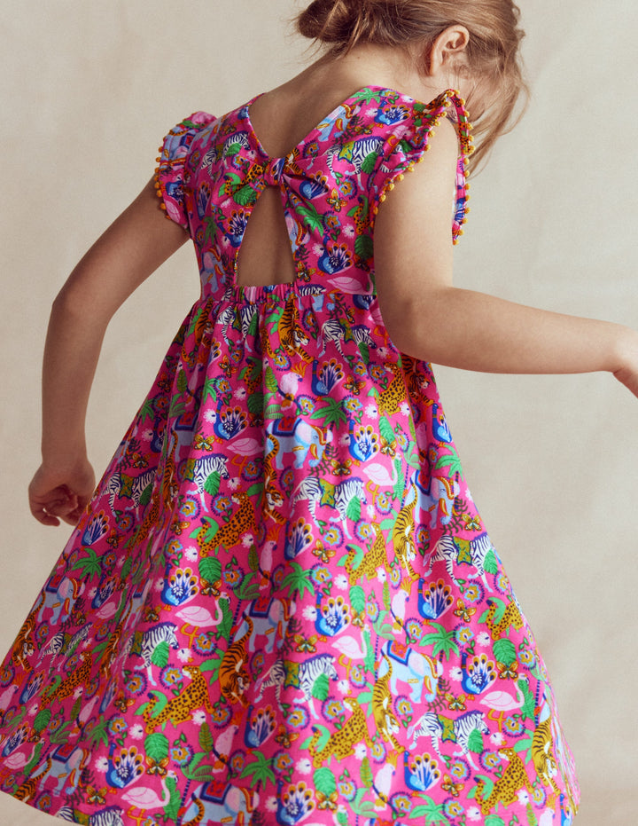 Bow Back Jersey Dress-Flamingo Pink Jungle Animals