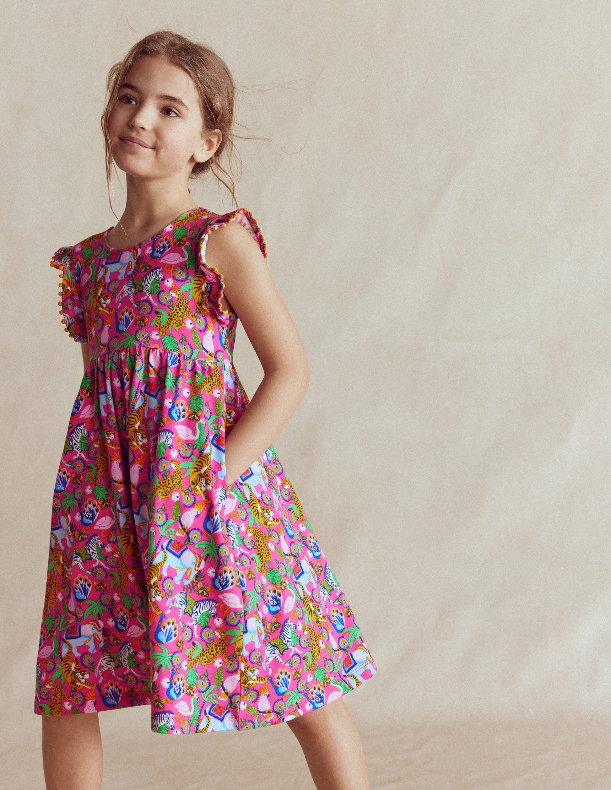 Bow Back Jersey Dress-Flamingo Pink Jungle Animals-2