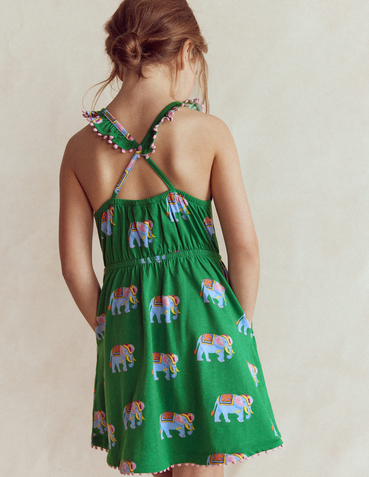 Ruffle Neck Trim Dress-Highland Green Elephants
