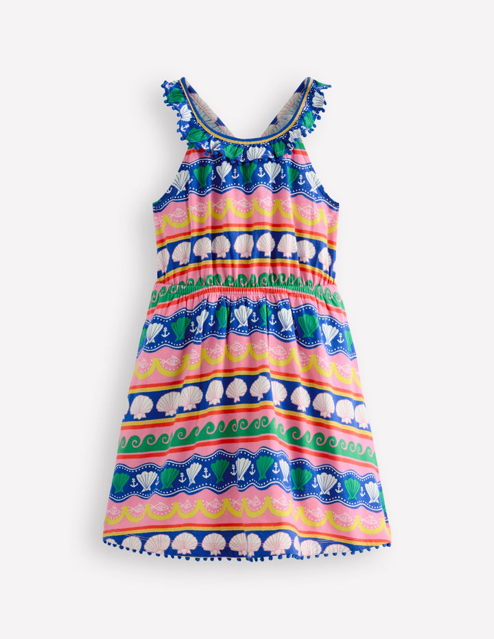 Ruffle Neck Halter Dress-Multi Seashell Stripe
