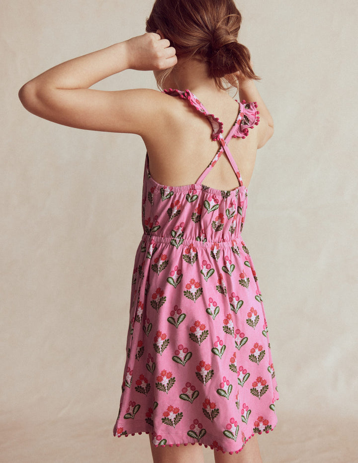 Ruffle Neck Trim Dress-Formica Pink Block Floral