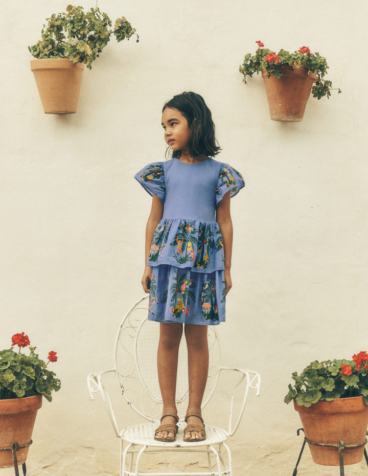 Woven Mix Twirly Dress-Azure Blue Jungle Trellis