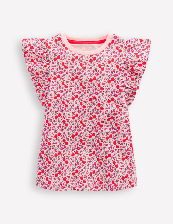 Frill Sleeve Printed Top-Pink Cherries