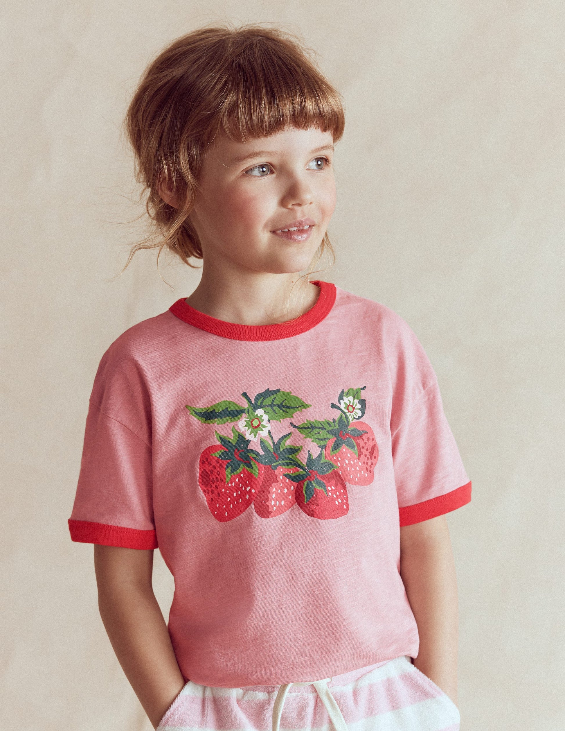 Printed Ringer T-shirt-Vintage Pink Strawberries-1