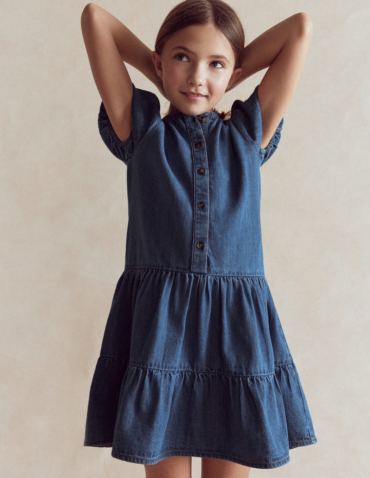 Tiered Shirt Dress-Chambray Blue