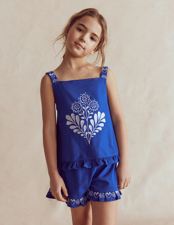 Embroidered Ruffle Top-Bright Blue Embroidery