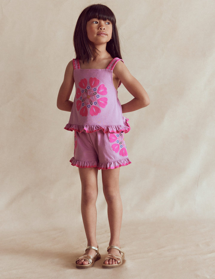 Embroidered Ruffle Top-Pink Punch Embroidery