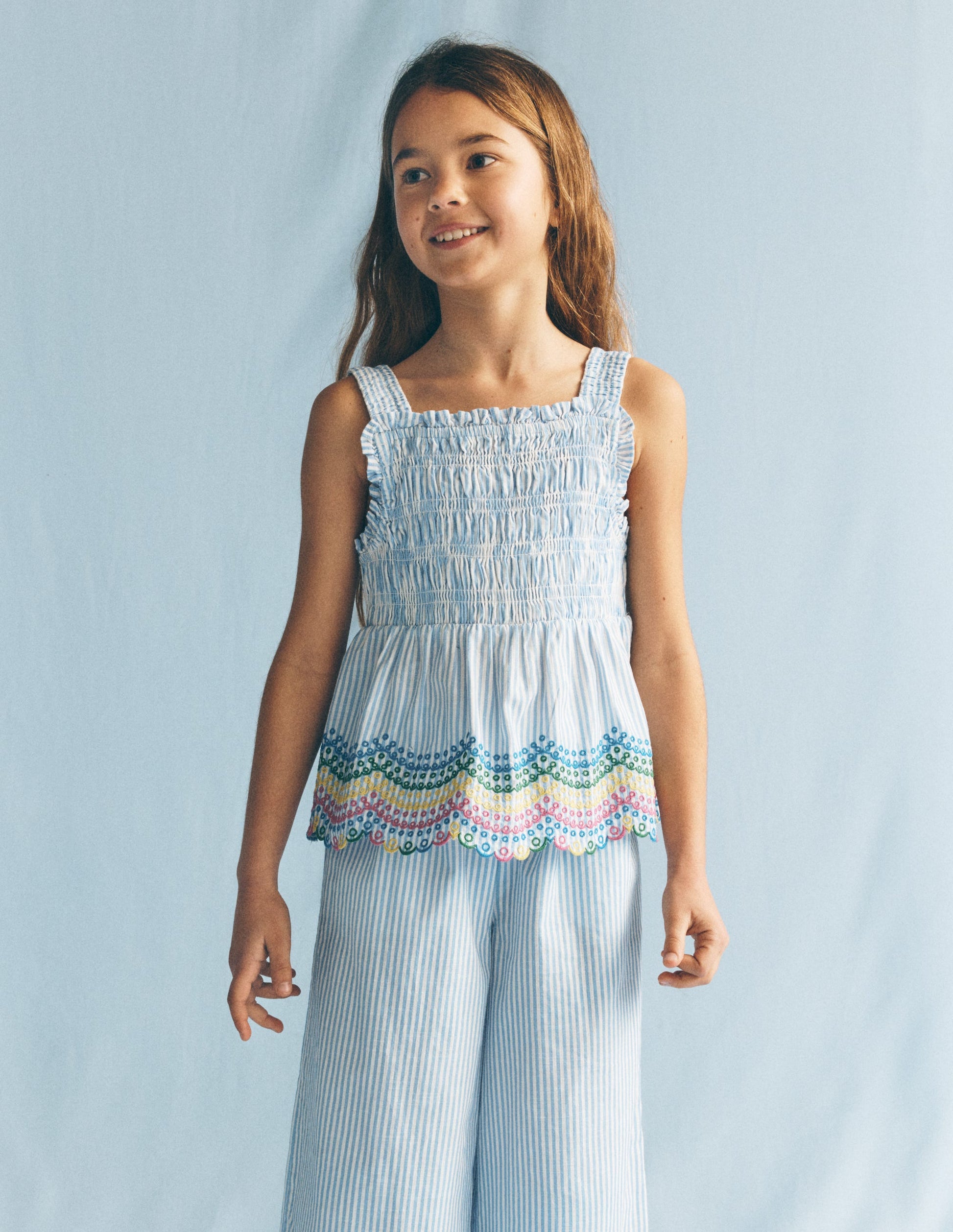 Embroidered Shirred Top-Ticking Rainbows-2