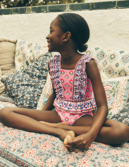 Frill Peplum Swimsuit-Pink Multi Woodblock