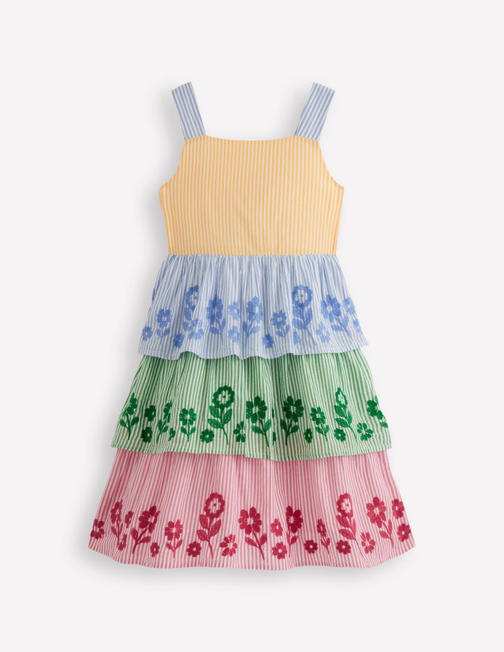 Tiered Embroidered Dress-Hotchpotch Stripe Embroidery