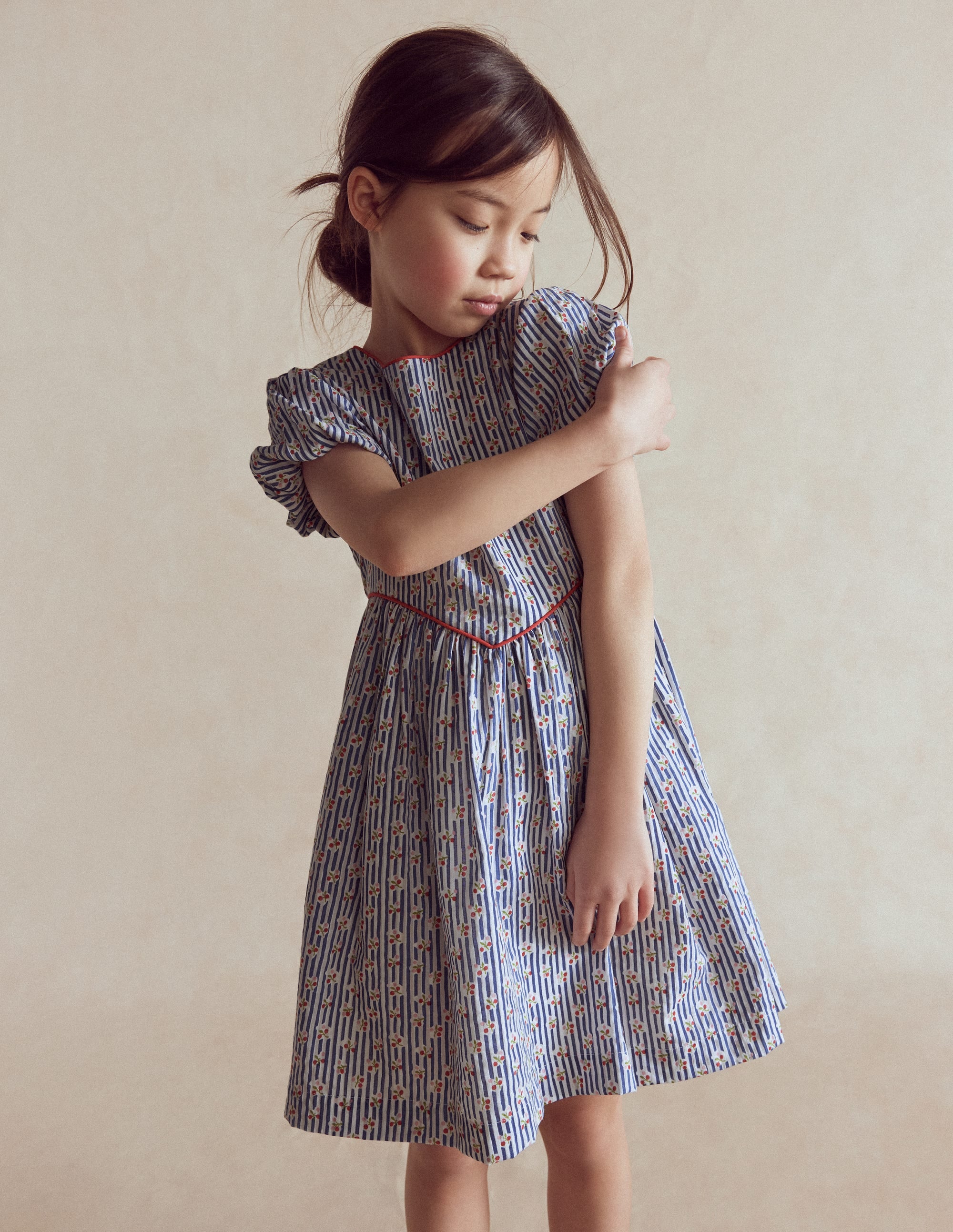 V-waist Woven Dress-Bluejay Cherry Stripe - Image 1