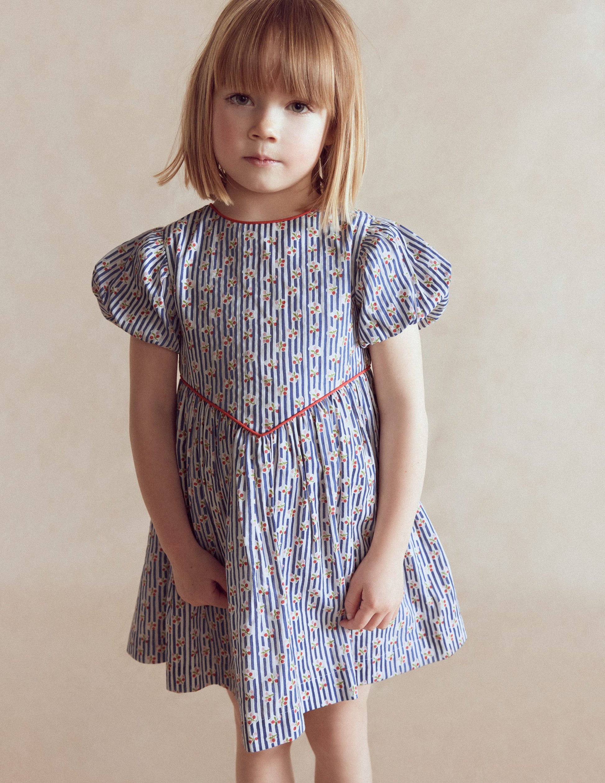 V-waist Woven Dress-Bluejay Cherry Stripe-3