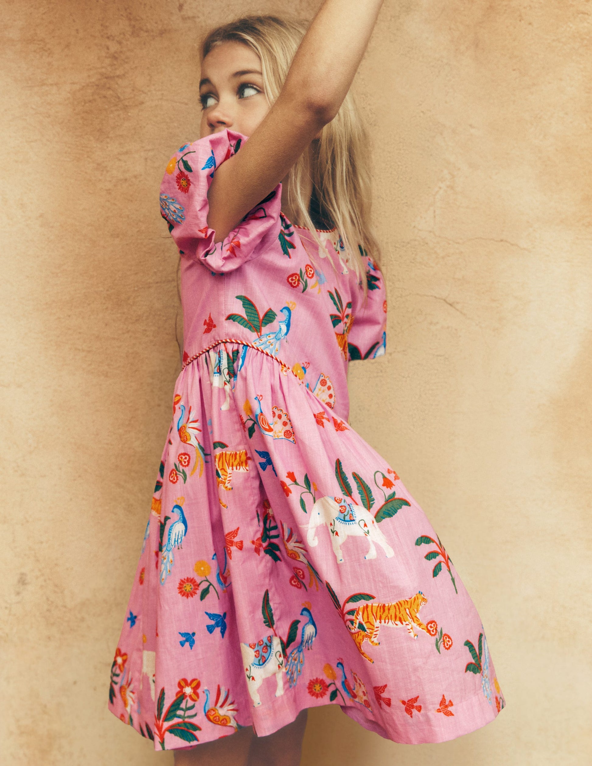 V-waist Woven Dress-Formica Pink Tropical Animals-1